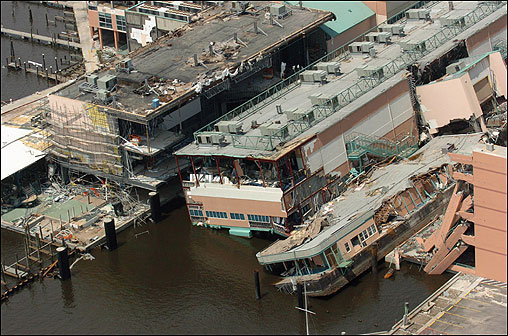 Photograph of the Biloxi Mississippi Isle of Capri gambling casino barge after Hurricane Katrina smashed against the dock.